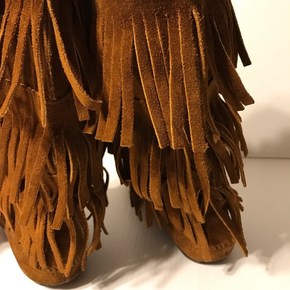 Moccasin brown suede layer tiered fringe boots women fits size 9 - Picture 8 of 11